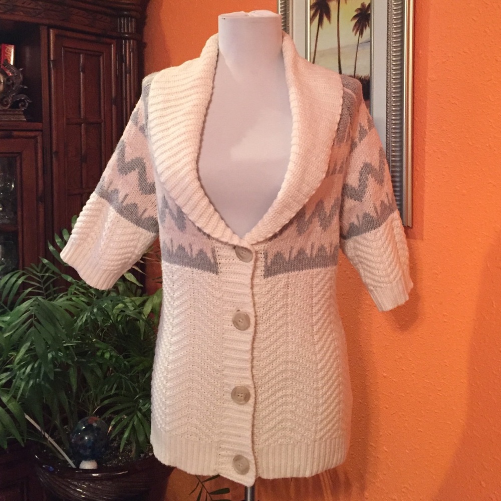 Old Navy Cream and Gray Shawl Collar Button Sweater Cardigan